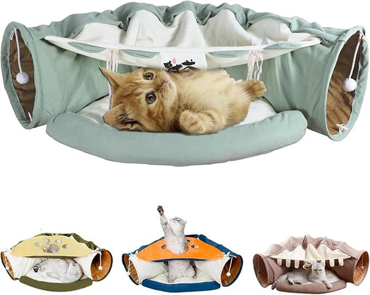 2-in-1 Collapsible Cat Tunnel for Indoor Cat Bed and Hideout for Pet Dog Rabbit Bunny Ferret Tunnel Tubes Toys with Removable Washable Mat, Cat Tower Wheel Stuff