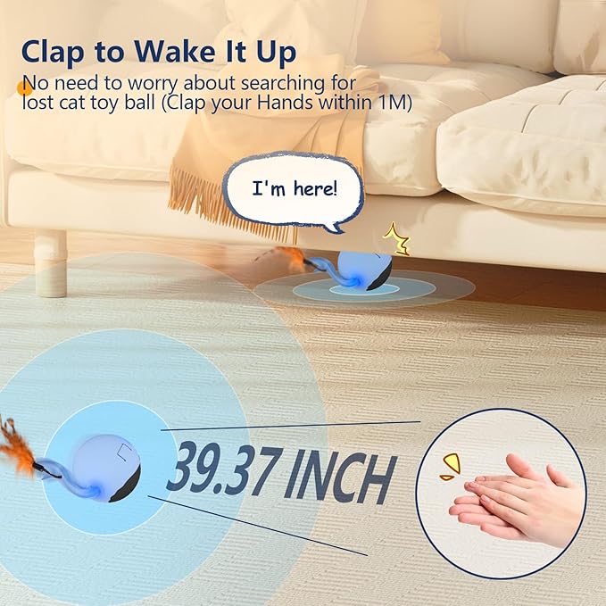 ORSDA Cat Toys, Interactive Cat Toys for Indoor Cats Automatic Moving Ball Bird for Bored Indoor Adult Cat Kitten Toys Ball, Motion Activated Fast Moving Chirping Stimulating Light, 2 Tails (Blue)