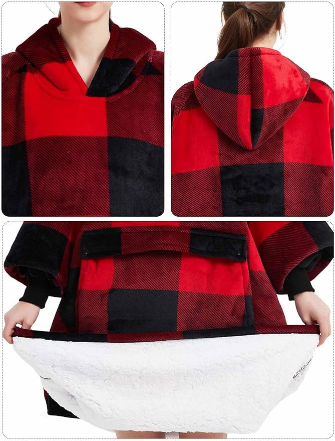 KFUBUO Wearable Blanket Hoodie for Adult Long Sherpa All Patterns Red Plaid Oversized Hoodie Sweatshirt Blanket Christmas Gift Ideas