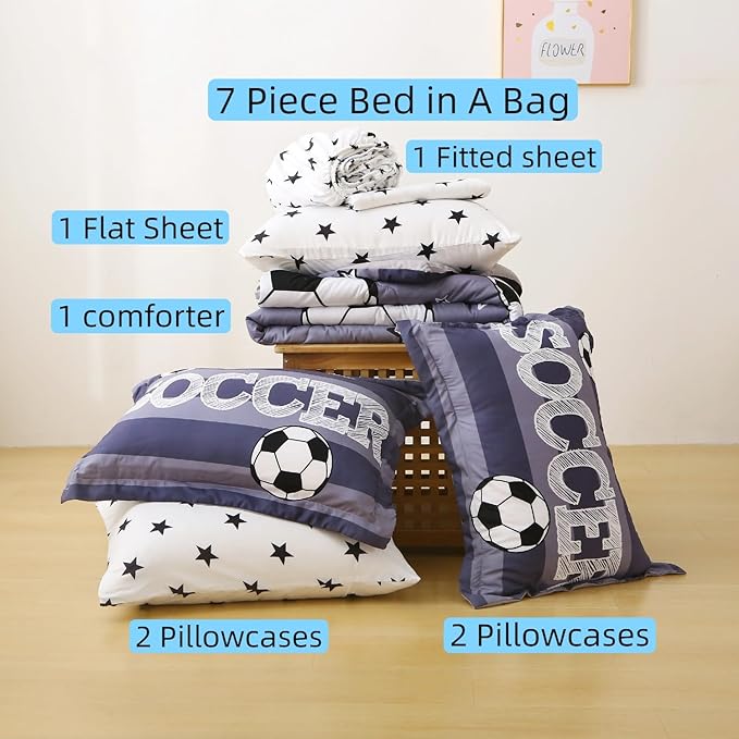 Boys Sports 7 Piece Soccer Comforter Set Full Size 3D Football Playground Bedding Set for Kids Bed Set Gray(Comforter,Flat Sheet,Fitted Sheet and Pillow Sham)