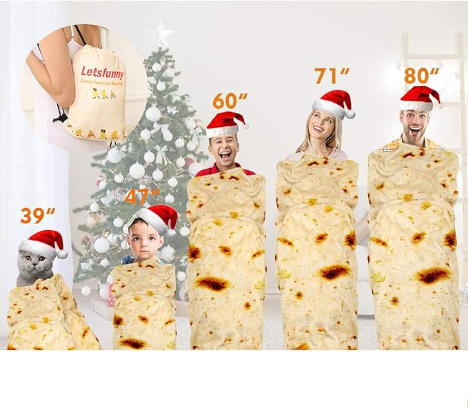 Burrito Tortilla Throw Blanket, 2.0 Double Sided Burritos Taco Tortilla Wrap Blankets for Adults Kids, Giant Funny Realistic Food Blankets, Soft Flannel Round Throw Blanket 71in