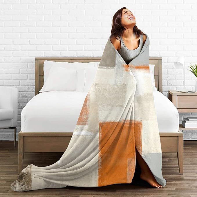 Orange Grey Abstract Art Painting Throw Blanket Soft Cozy Plush Warm Fleece Blanket for Sofa Couch Bed 60"X50"