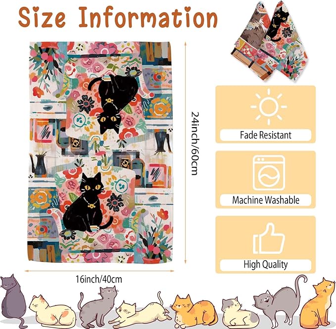 Cute Cat Kitchen Towels Set of 2 Cats Decoration for Cat Lovers Cat Kitchen Accessories Cat Mom Gifts for Women Cute Hand Towels Decorative Set for Kitchen & Bathroom 16×24 Inch