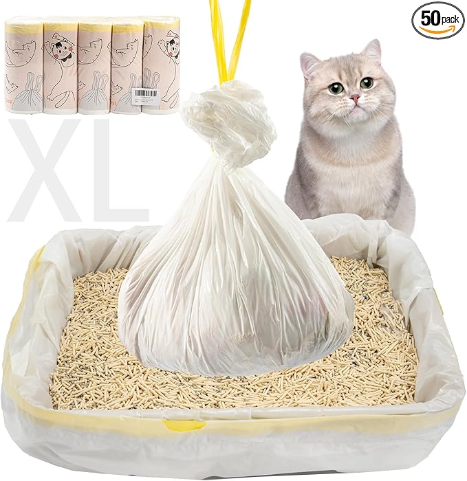 50 Count Litter Box Liners Jumbo 36" x 18" Tear Resistant Cat Litter Bags Liners 2.5MIL Thicken Drawstring Durable Cat Pan Liners Extra Large Kitty Litter Box Bag Disposable Pet litter Bags for Poop