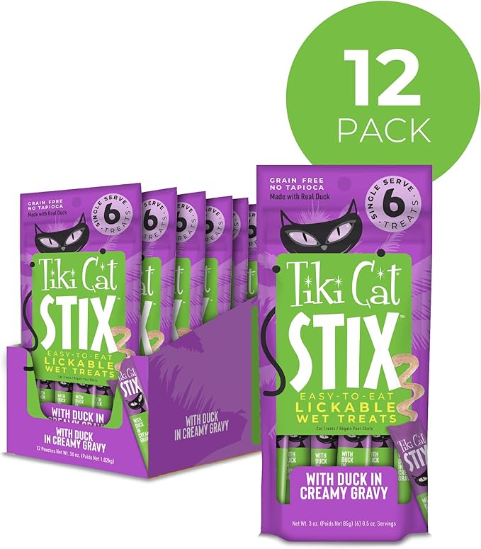 Tiki Cat Stix Mousse Treats, Single Serve Indulgent Lickable Treat or Dry Food Topper, with Duck in Creamy Gravy, 3 oz. Pouch (Pack of 6)