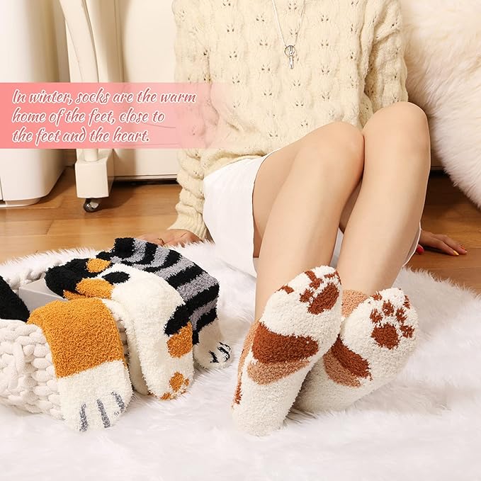 5 Pairs Fuzzy Cat Socks - Warm, Fluffy, Plush Winter Socks for Women