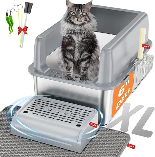 9-in-1 Stainless Steel Litter Box Set - [Odorless] Extra Large Metal Litter Box High Sided Cat Litter Box with Lid, XL Litter Box for Cats, Kitty, Non-Sticky, Anti-Leakage, Easy Clean(Gray)