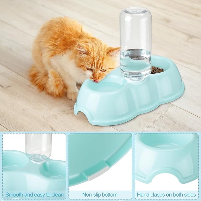 7 Pcs Small Cat Kitten Starter Kit Cat Litter Box with Shovel Cat Paw Litter Mat Double Automatic Cat Bowls Cat Toy Teaser Stick Cat Collar Essentials Kits for 1-3 Lbs Beginner (Fresh Blue,Stylish)