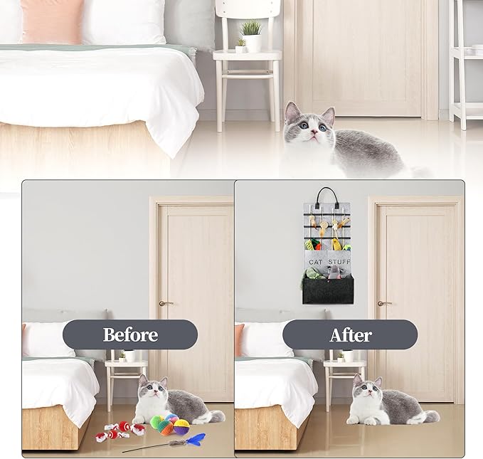 MABOZOO Cat Toy Storage Organizer for Wand Toys,Durable Pet Storage Box with Handle Cat Feather Toy Storage Hanging Bag for Neatly Organizing Teaser Wand Toys（Dark Grey）