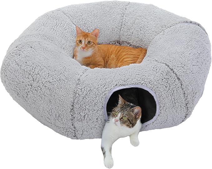 PEQULTI Cat Tunnel with Cat Bed for Indoor Cats, Cat Play Donut Tunnel with Washable Soft Plush Mat, Round Cat Tunnel Toys Cute Cat Tube for Kittens, Puppies, Rabbits and Ferrets, Grey
