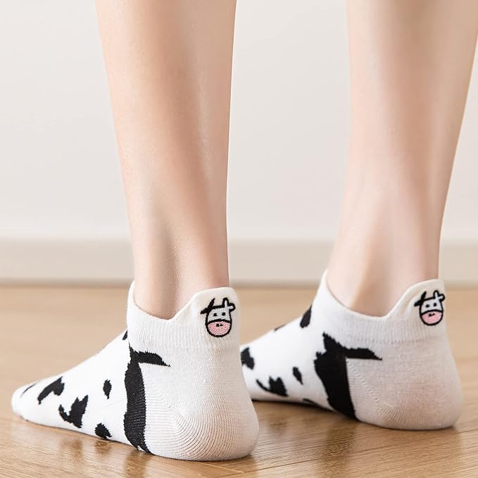 5 Pairs Cute Cow Embroidery Cotton Socks for Women - Black White Short Casual Ankle Socks