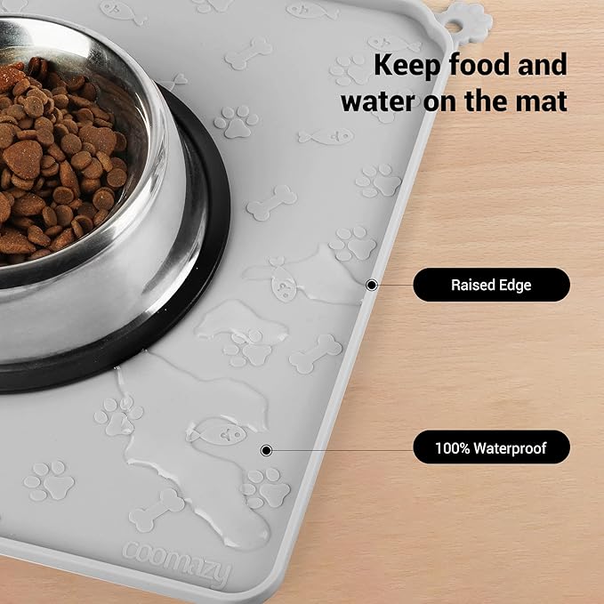 Coomazy Dog Cat Food Mat, Waterproof Non-Slip Silicone Feeding Mat for Floor, with Raised Edge to Prevent Food Spills and Water Runoff (Gray, 18.9x11.8)