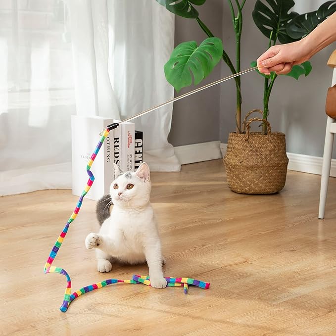 FYNIGO Interactive Cat Rainbow Wand Toys for Indoor Cats and Kittens,Extended Colorful Cat Teaser Wand String Plush Toy,Original Product Strong and Sturdy Pole with Bells(2 Pack)