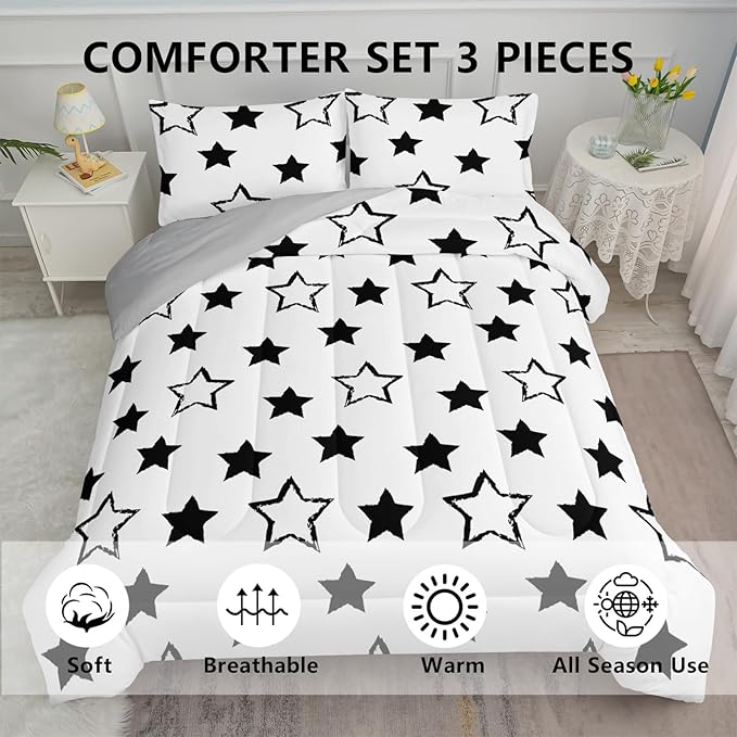 Axolotl Kids Queen Bedding Comforter Set,3Pcs Super Cute Soft Black and White Stars Quilt Set Bed in A Bag with 1 Comforter 2 Pillowcases for Kids Boys Girls Teens Adults Room Decor All Season