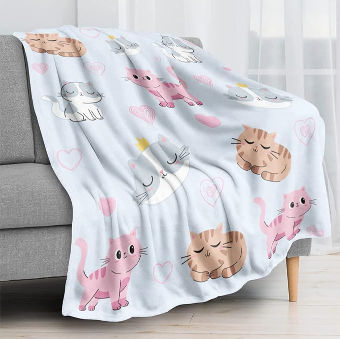 Cat Themed Blanket for Girls, Kitten Throw Flannel Soft Warm Plush Cute Cats Blanket for Kids Women Cat Lovers, All Season Bed Couch Living Room Decor 50"x60"