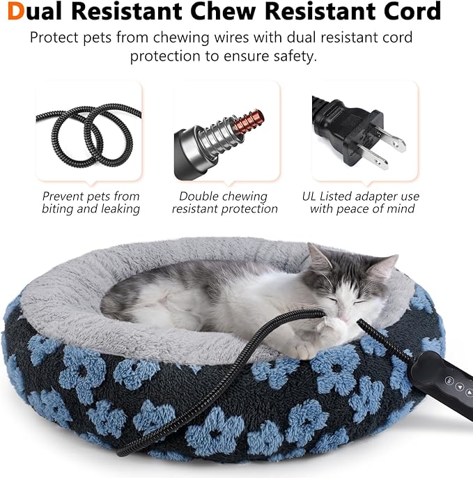 INVENHO Heated Cat Bed, Heated Cat Beds for Indoor Cats and Small Dogs, 20" Cozy Donut Heated Pet Bed with Timer & Temp Adjustable, Removable Waterproof Electric Warming Bed for Indoor Cat