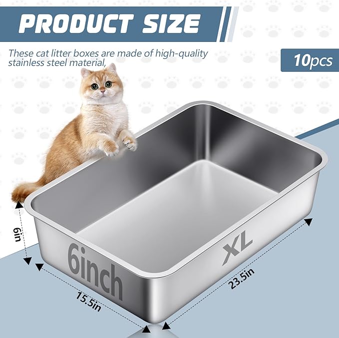 10 Packs Stainless Steel Litter Box for Cat Extra Large Metal Litter Box Non Stick Litter Pan with High Sides Never Absorbs Odor, Rustproof, Easy to Clean for Cat Dog (23.5 x 15.5 x 6 Inch)