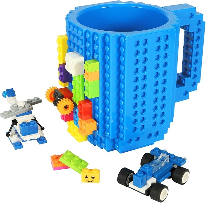 Build-on Brick Coffee Mug, Funny DIY Novelty Cup with Building Blocks Creative for Kids Men Women Xmas Birthday (Blue)