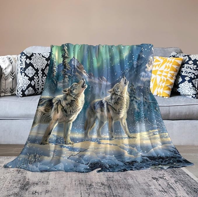 Wolf Blanket Wolf Aurora Borealis Gifts for Girls Boys Woman Kids Wolf Lover Throw Blankets Soft Blanket Warm Fleece Flannel Plush Blankets for Bed Sofa Couch 60"x80"