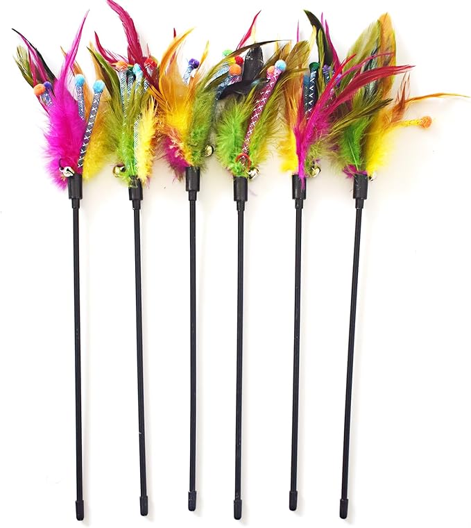 IUHKBH Cat Feather Wands, 6 PCS Interactive Cat Teaser Wand Colorful Feather Cat Wand with Bell for Cats, Kitties