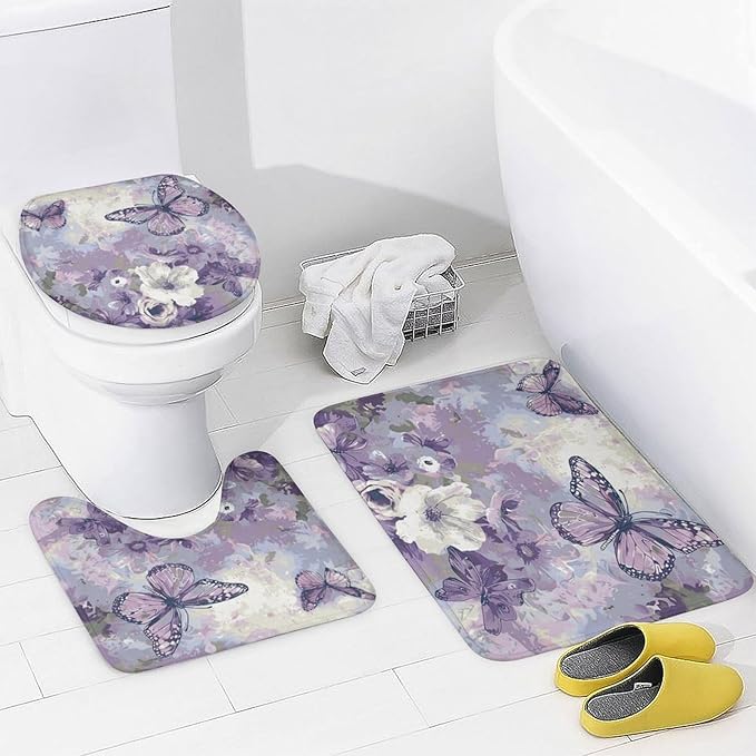 Brebasf Abstract Beautiful Animal Butterfly Shower Curtain Set Bathroom Set Decorative Minimal Rustic Watercolor Boho Purple Floral Butterfly 4 Piece Shower Curtain, Toilet Cover, U-Mat, Floor Mat