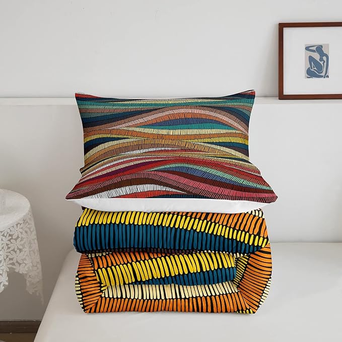 Boho Comforter Set Queen Bohemian Wavy Bedding Rainbow Embroidered Waves Bedding Comforter Sets Geometric Tribal Ethnic Bedroom Decor Colorful Abstract Lightweight Duvet Insert for Adult