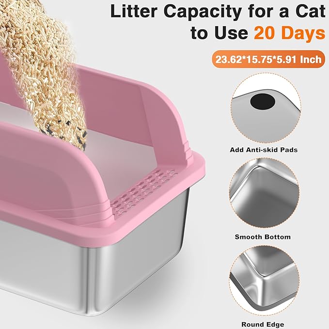 2 PCs Stainless Steel Cat Litter Box with Lid, Extra Large High Side Litter Box, Enclosed Litter Box for Small Cats, Non-Leaking, Easy to Clean, Anti-Leakage(Pink)