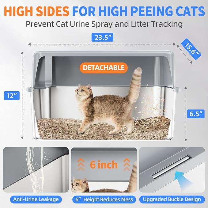 9-in-1 Stainless Steel Litter Box Set - [Odorless] Extra Large Metal Litter Box High Sided Cat Litter Box with Lid, XL Litter Box for Cats, Kitty, Non-Sticky, Anti-Leakage, Easy Clean(Gray)