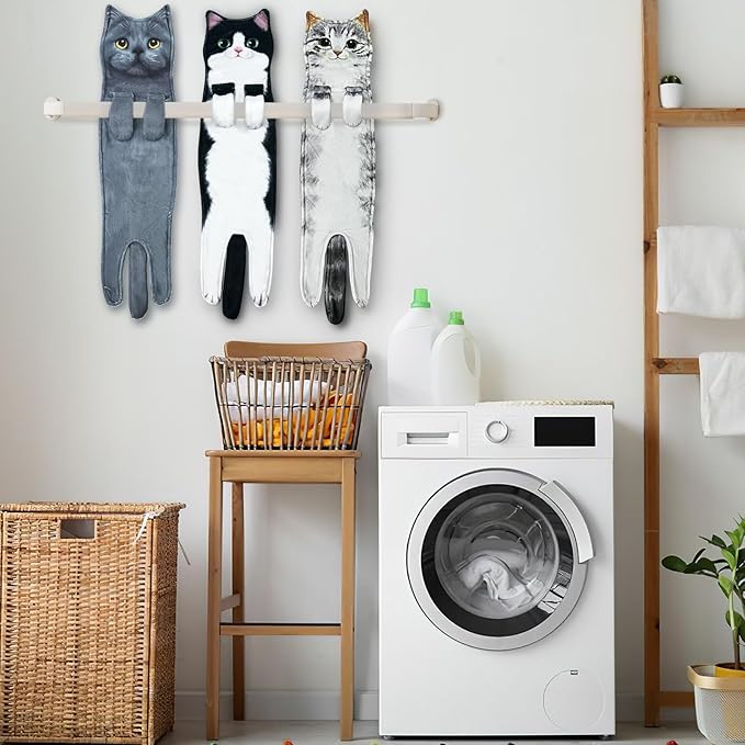 PAT JUUMG Funny Cat Hand Towels for Bathroom Kitchen Decor Towel,Cute Decorative Hanging Face Towels,Super Absorbent Soft, Housewarming Gift,Cat Lovers Gifts for Women (Grey Cat)