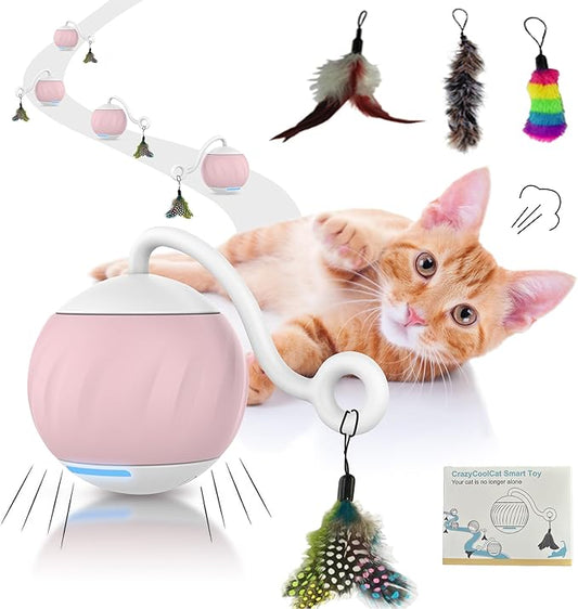 Auto Rolling Cat Ball Toy - Interactive Self Moving Automatic Cat Toy with Tail Feather Attachments - Slow & Fast Speed, LED Rainbow Lights, Sound & Touch Activated - USB-C Rechargeable