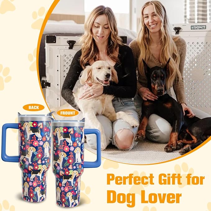 Beagle Gifts for Women Dog Lovers 40 oz Floral Beagle Tumblers with Handle and Straw, Stainless Steel Vacuum Insulated Travel Coffee Mug Cup Water Bottle
