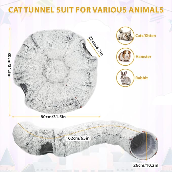 KOMUSMO Cat Tunnel Bed with Central Mat and Hanging Ball Toy, Large Cat Cave Donut for Indoor Cats, Soft Plush Fluffy Peekaboo Cat Bed Cave Collapsible for Small Medium Large Cats Kittens