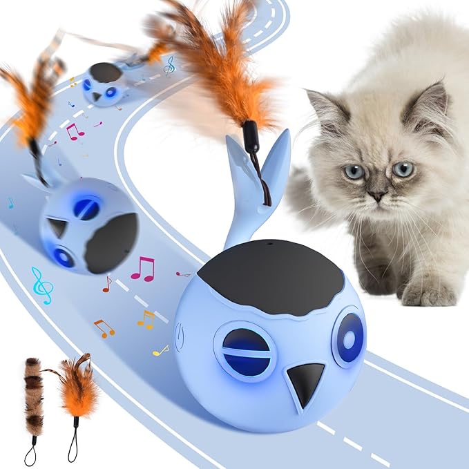 ORSDA Cat Toys, Interactive Cat Toys for Indoor Cats Automatic Moving Ball Bird for Bored Indoor Adult Cat Kitten Toys Ball, Motion Activated Fast Moving Chirping Stimulating Light, 2 Tails (Blue)