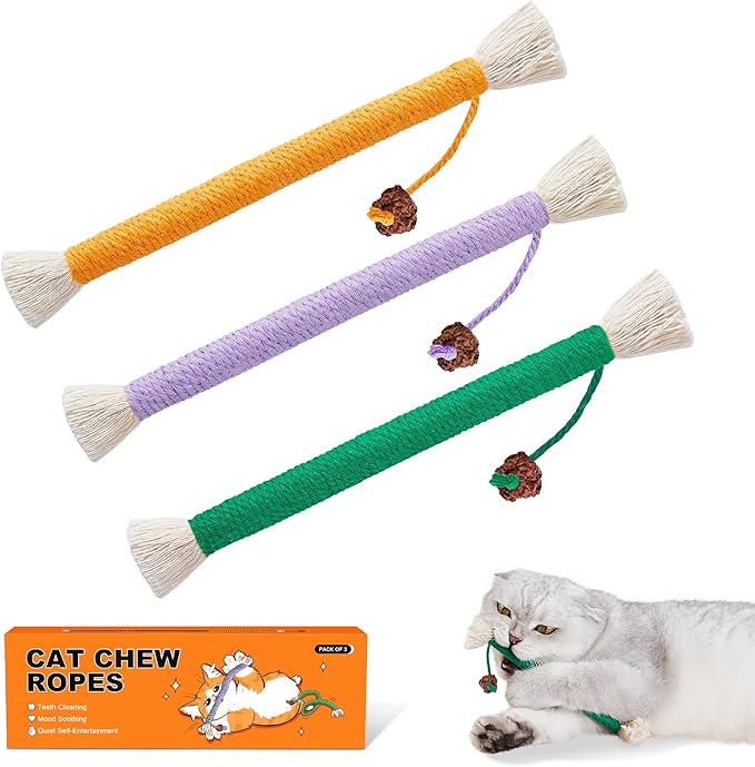 Potaroma 3Pcs Cat Toys Chew Ropes with Refillable Organic Catnip, Safe Teeth Cleaning Toy for Indoor Kittens, Interactive Cat Nip Kitty Toys for All Breeds 7.8 Inches