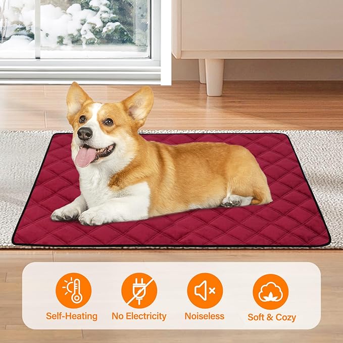 Self Warming Dog Bed, Pet Crate Pad for Indoor and Outdoor, Washable Heating Dog Kennel Mats with Non-Slip Bottom for Small Medium and Large Dogs - Deep Red, M:28"x45"