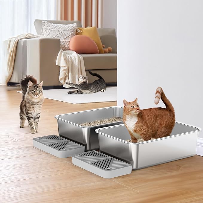 2 Pack 19.6"x13.7"x6" Stainless Steel Litter Box with 26L Litter Capacity, Large Cat Litter Box for Cats and Rabbits, Metal Kitty Litter Box with Foot Board, Non Stick Stainless Steel Pan Tray