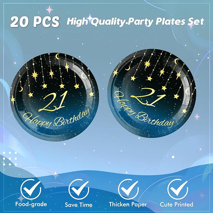 21th Birthday Party Decorations, 41Pcs Starry Sky Party Tableware Set Includes 20 Plate 20 Napkins and 1 Tablecloth, 21 Years Old Birthday Theme Party Supplies for Boys Girls Birthday Party Favors