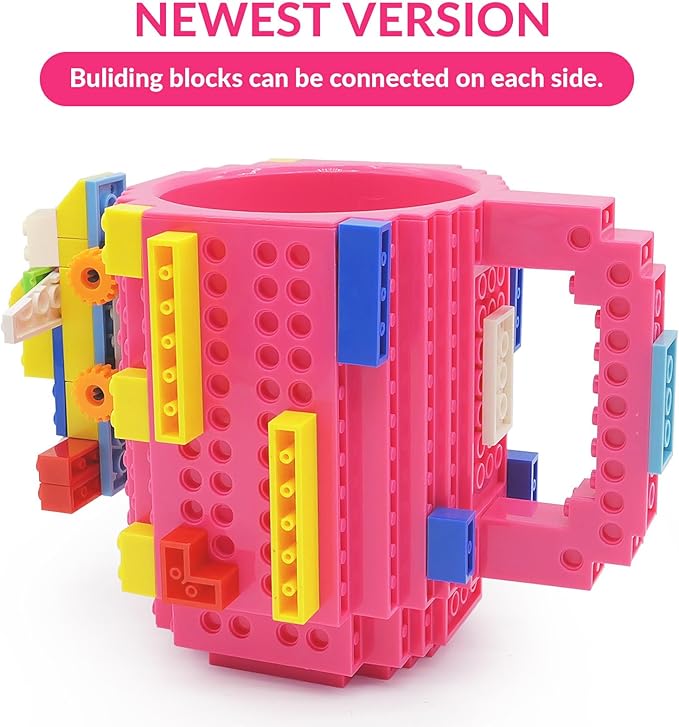 Build-on Brick Coffee Mug, Funny DIY Novelty Cup with Building Blocks Creative for Kids Men Women Xmas Birthday (Rose)
