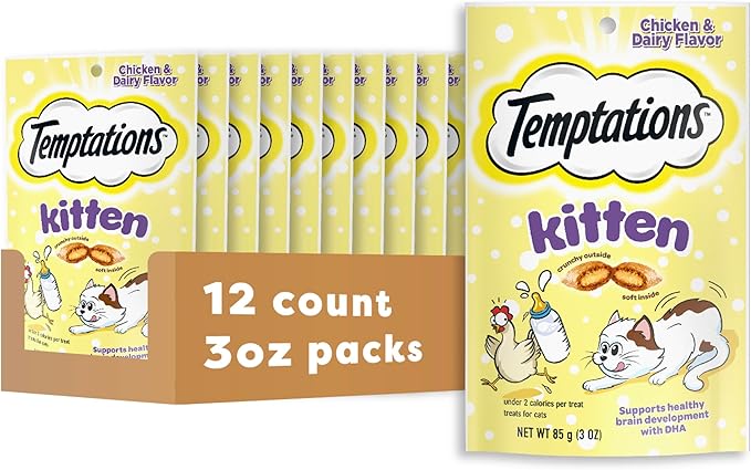Temptations Kitten Crunchy and Soft Treats Chicken and Dairy Flavor, 3 oz. Pouch, (Pack of 12)