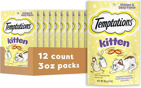 Temptations Kitten Crunchy and Soft Treats Chicken and Dairy Flavor, 3 oz. Pouch, (Pack of 12)