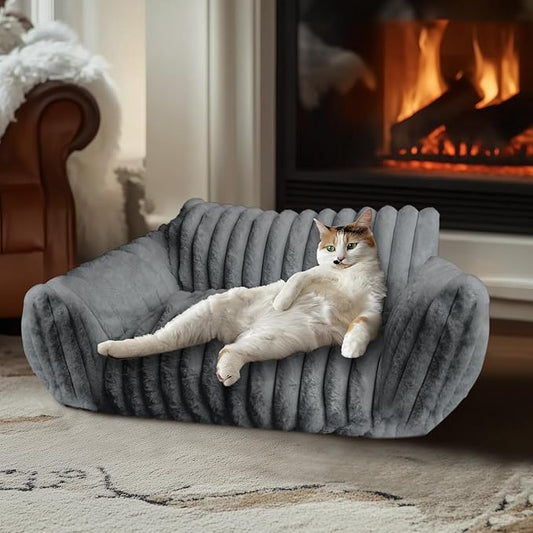 Cat Couch Bed for Pets, 24IN Cat Beds with Premium Soft Corduroy Fleece, Cute Waterproof Cat Sofa with Cotton for Small Medium Dogs & Kittens with Removable Washable Cover (Warm Grey)