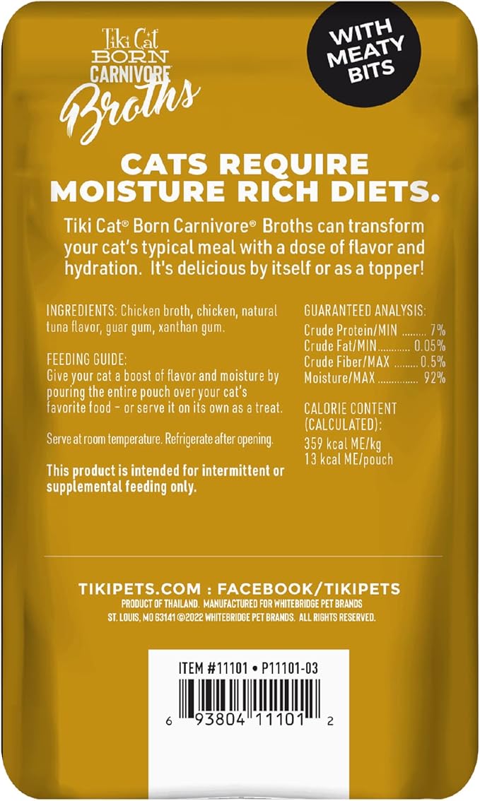 Tiki Cat Born Carnivore Broths, Chicken Recipe, Hydration and Flavor Supplement Cat Food Topper, 1.3 oz. Pouch (Pack of 12)