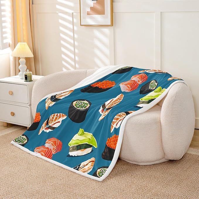 Sushi Pattern Plush Blanket Japanese Style Fleece Throw Blanket for Sofa Couch Bed Food Theme Sherpa Blanket Room Decor Cute Cartoon Japanese Sushi Fuzzy Blanket Baby 30x40 Inch