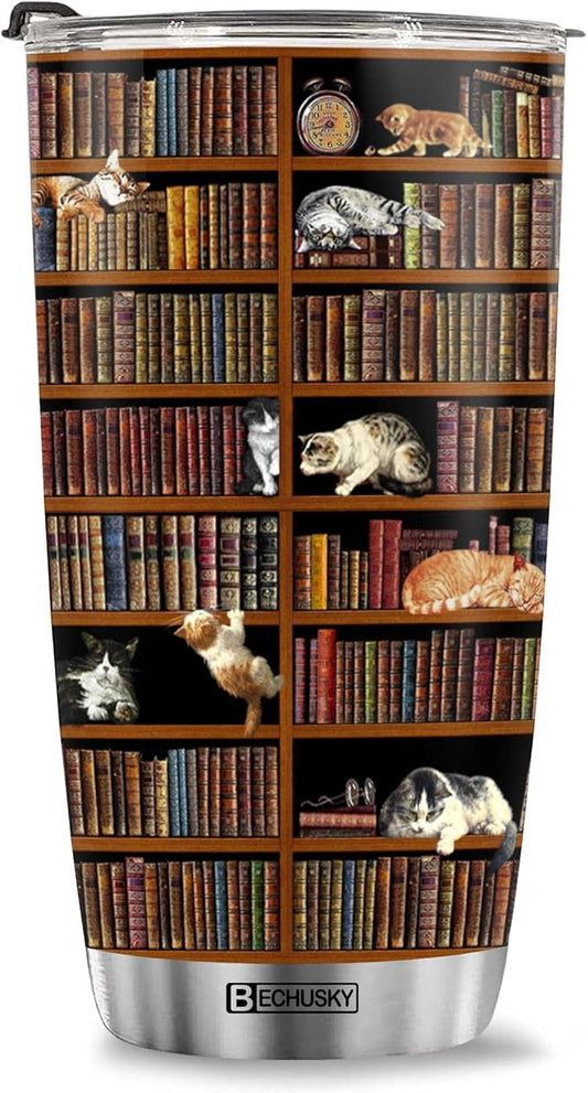 BECHUSKY Cat Library Bookshelf Tumbler - Cat Book Lover Librarian Reading Gift for Friends, Readers, Bookworm, Book Lovers on Birthday, Christmas, Anniversary