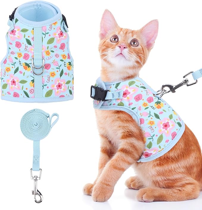 BINGPET Cat Harness and Leash Set Escape Proof for Walking,Step-in Harness with Lightweight Soft Breathable Mesh,Adjustable Easy Control Harness for Kitten Puppy Small Medium Large Cats(Flower,M)