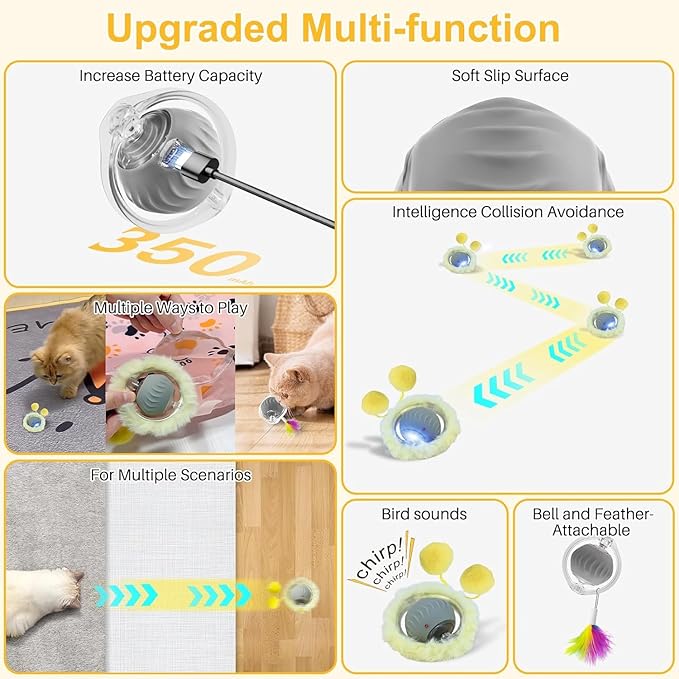 Cat Toys, Interactive Cat Toys for Indoor Cats USB Rechargeable, Automatic Motion Activated Moving Hide and Seek Self Rotating Electric Cat Ball Toy in Play Mat with LED Lights, 2 Plush Cover