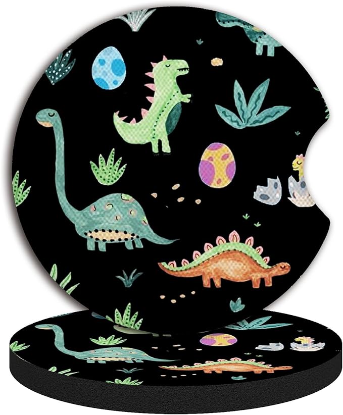 2 Packs Car Coasters for Cup Holders,Keep Cup Holders Clean and Dry,Drink Cup Car Holder Coasters with A Finger Notch,2.75in/7cm,Automotive Cup Holder Cute Dinosaur Graffiti Accessories for Women Men