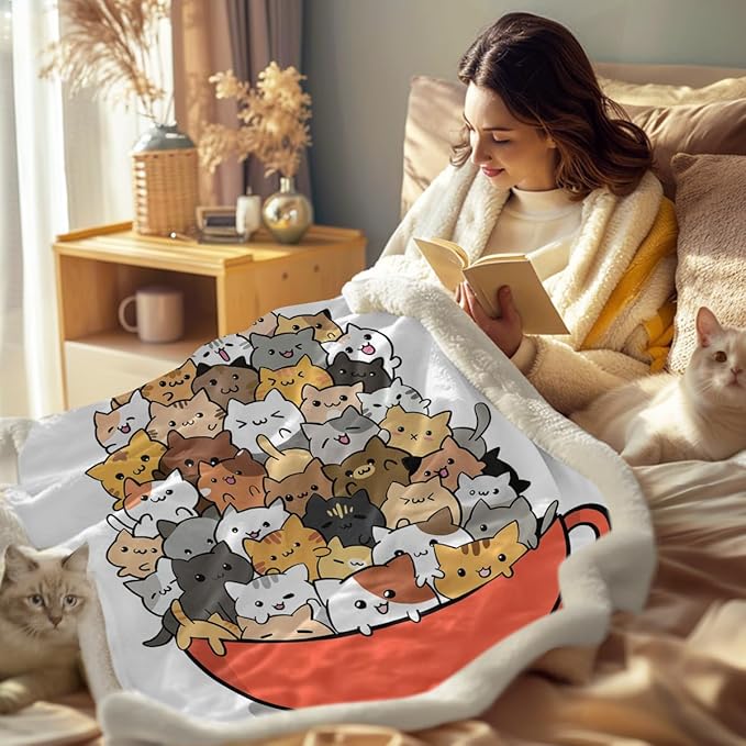 Sleepwish Cute Cats Fleece Throw Blanket for Couch Chair Fuzzy Kitten in Teacup Print Plush Sherpa Blanket Gifts for Cat Lovers, Queen(90" X 90")