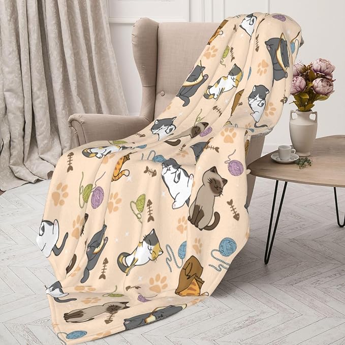 Cat Pattern Blanket, Cute Feline Design Cozy Throw Blanket for Adults Kids Pet,Soft Fluffy Lightweight Warm Plush Fleece Blanket for Couch Bed Sofa, for Cat Lovers 50"x40"
