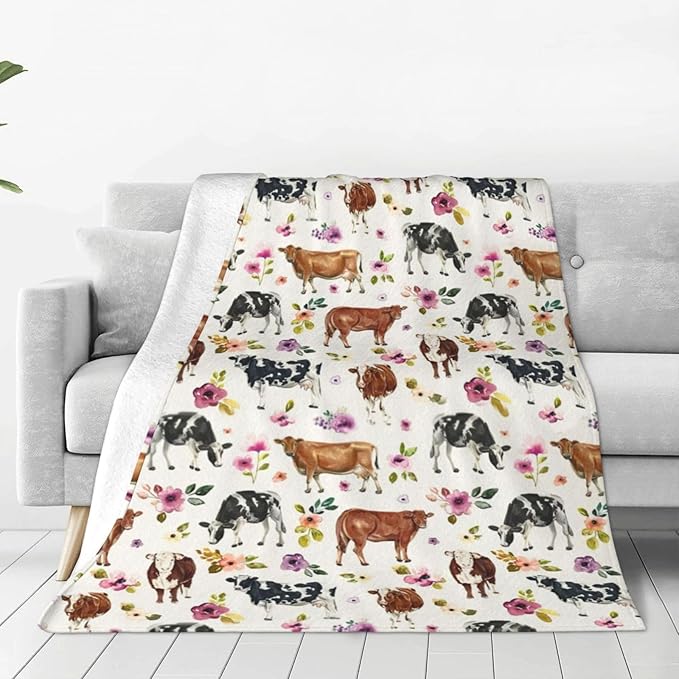 Cow Blanket Cattle Floral Decor Throw Blanket Super Warm Soft Plush Lightweight Fleece Flannel Farmhouse Cute Animals Blanket Gifts for Girls Boys Women Men for Winter Couch Bedding 50"X60"